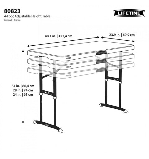 Table Lifetime 122x61cm, Pieds Pliants, Hauteur Réglable - Mes Jolies Tables