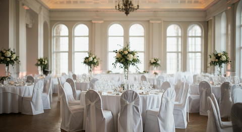 Housses de chaise pour mariage en lycra blanc dans une salle de réception élégante