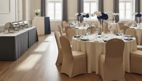 Décoration de séminaire d'entreprise avec tables nappées et housses ajustées