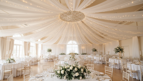 Tenture de plafond de mariage : voilages et drapés blancs dans une salle de réception